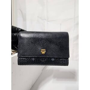 Authentic MCM Visetos Coated Canvas and Leather Flap Trifold Wallet Black/Grey